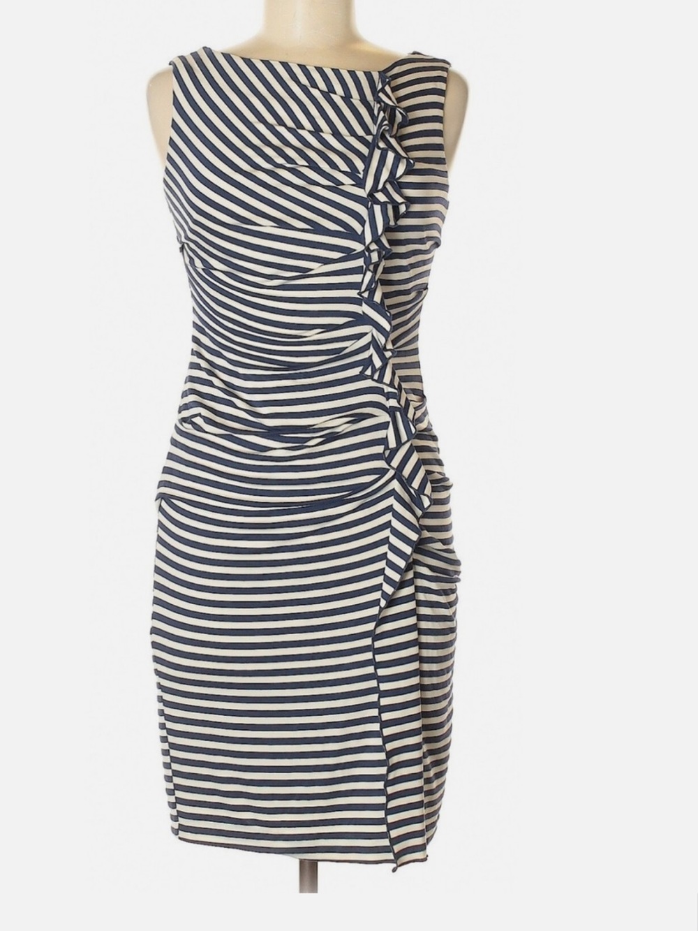 Suzi Chin for Maggy Boutique Navy and White Striped Ruched Sheath Dress